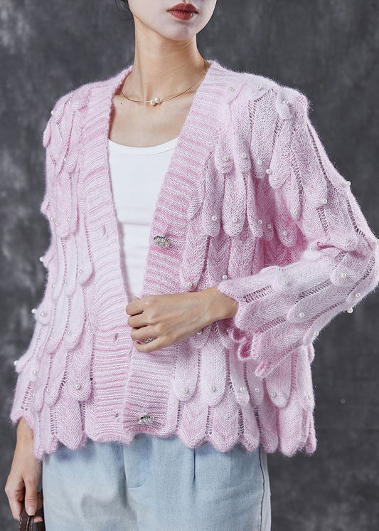 Boutique Pink V Neck Nail Bead Knit Cardigan Spring