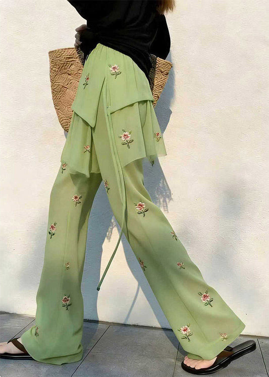 Loose Green Elastic Waist Patchwork Tulle Straight Pants