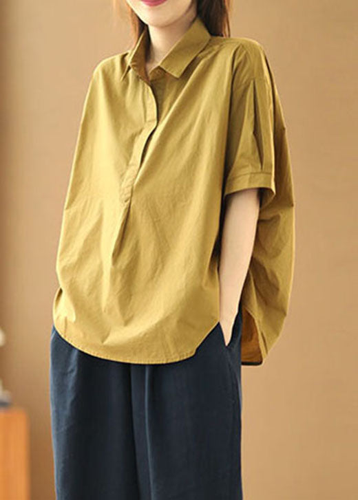 Khaki Peter Pan Collar Patchwork Cotton Shirts Summer