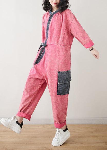 Fitted Red O-neck Patchwork Tie Waist Jumpsuit Spring