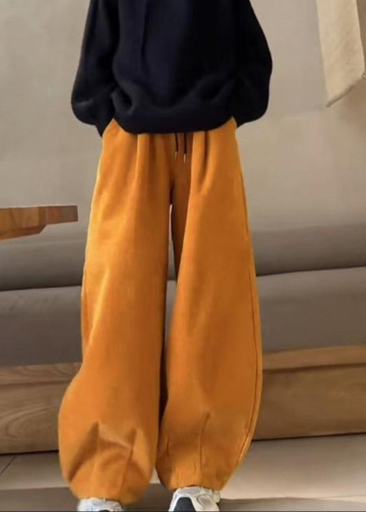 Orange Pockets Elastic Waist Corduroy Pants Spring