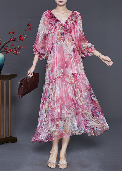 Rose Ruffles Print Silk Party Dress Spring