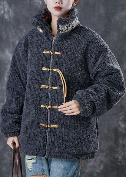 Grey Patchwork Chinese Button Fine Cotton Filled Coat Stand Collar Winter