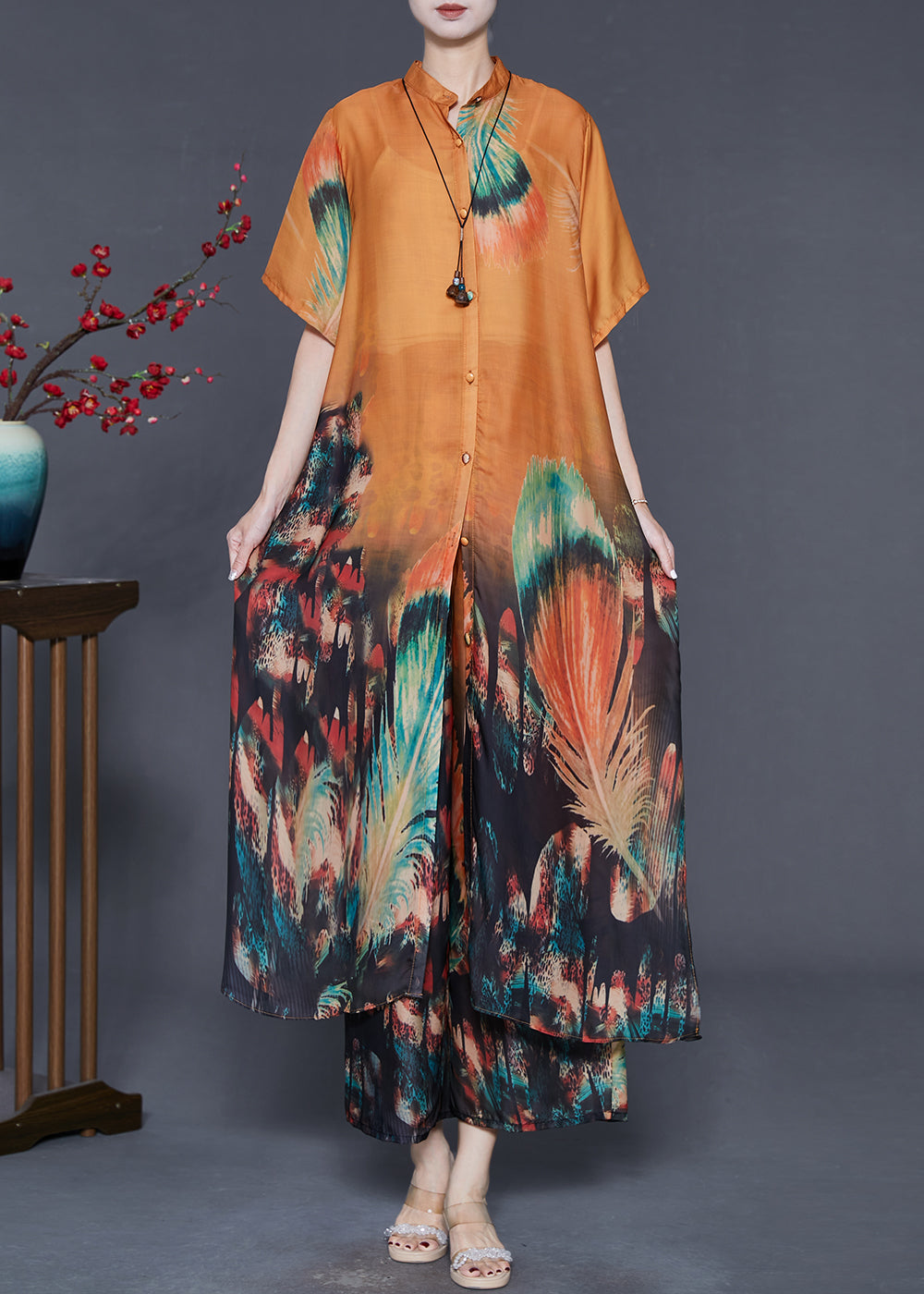 Style Orange Oversized Print Silk Two-piece Set Summer