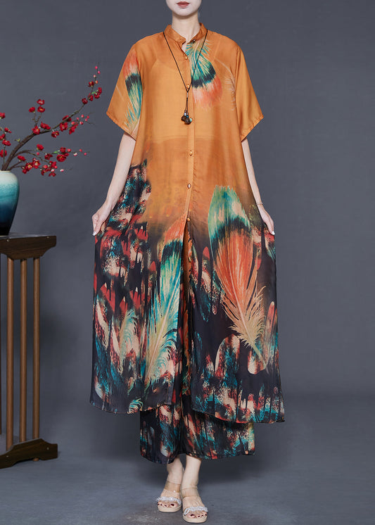 Style Orange Oversized Print Silk Two-piece Set Summer