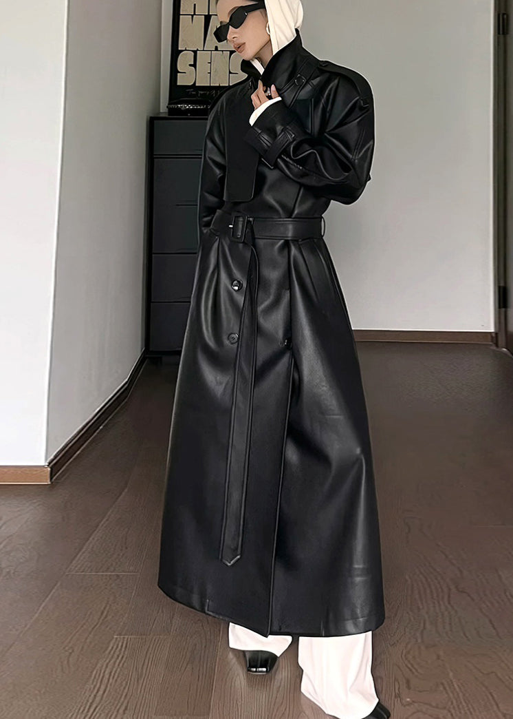 Black Peter Pan Collar Tie Waist Pockets Faux Leather Coat Fall