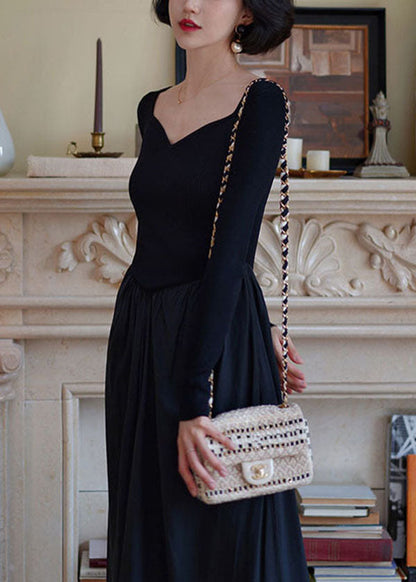 Black Square Collar Patchwork Slim Fit Knit Dress Spring