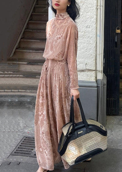 French Pink Turtleneck Print Silk Velour Long Dress Long Sleeve