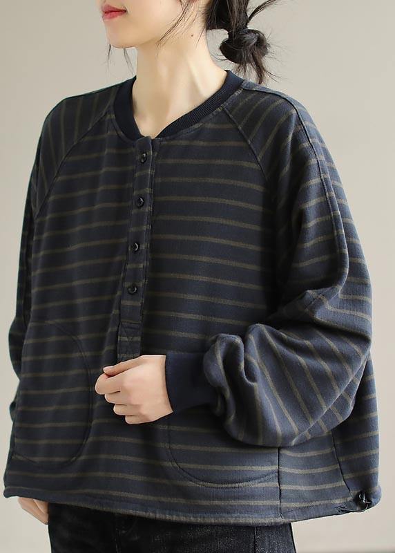Simple O Neck Spring Clothes for Christmas Gifts Navy Striped Blouses