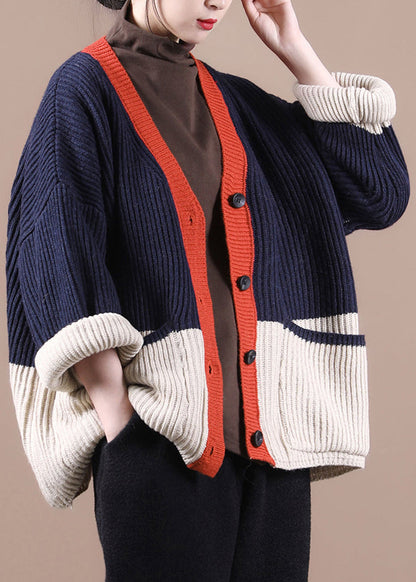 Navy V Neck Patchwork Button Thick Knit Sweaters Coats Fall