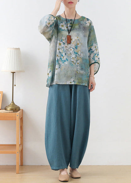 Boutique Blue Green Print Button Linen Shirt Tops Three Quarter Sleeve