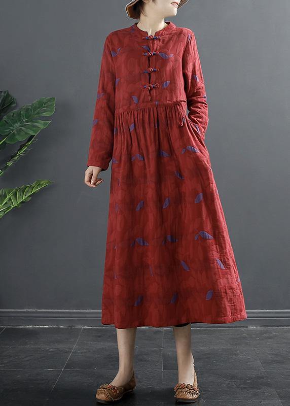 Diy Stand Collar Quilting Dresses Pattern Red Print Long Dress