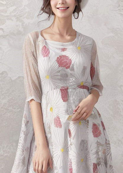 New White O-neck Print Silk Dress Half Sleeve
