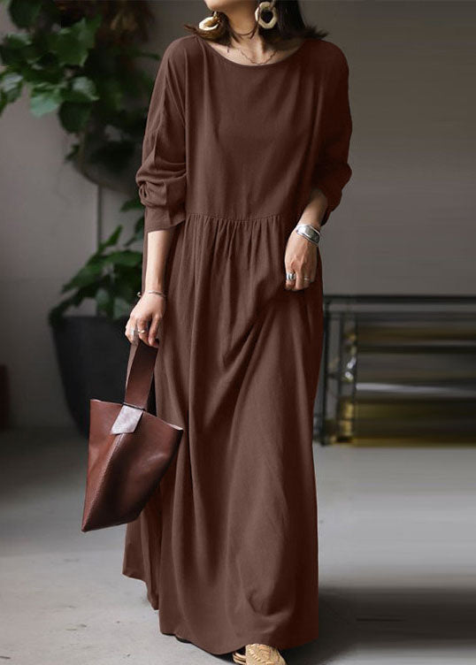 Beige O Neck Wrinkled Patchwork Cotton Maxi Dress Spring