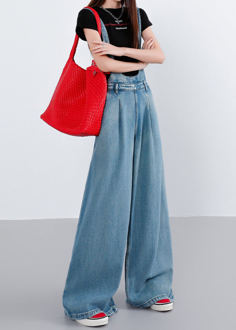 French Blue Oversized Denim Wide Leg Pant Jumpsuit Spring