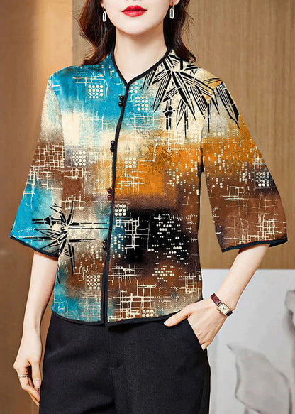 White Text Mandarin Collar Print Silk Shirt Tops Half Sleeve