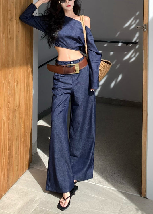 Navy One Shoulder Denim Two Piece Suit Set Summer