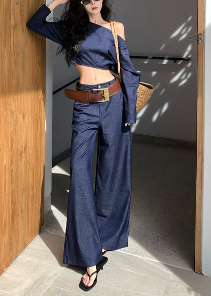 Navy One Shoulder Denim Two Piece Suit Set Summer