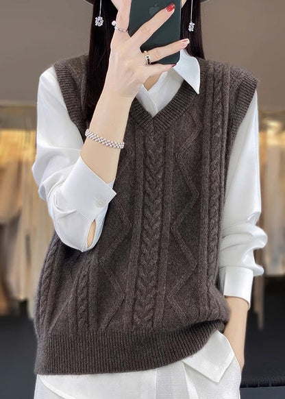 Camel V Neck Thick Cable Wool Knit Waistcoat Fall