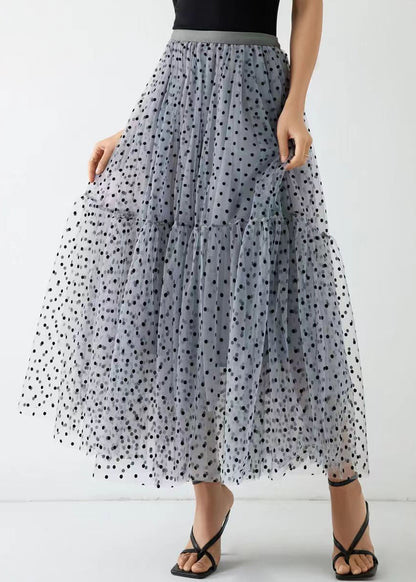 Grey Dot Wrinkled Patchwork Elastic Waist Tulle Skirt Spring