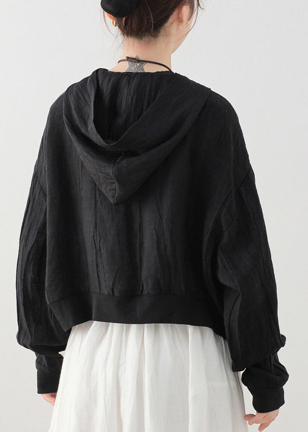 Black Hooded Zippered Pockets Linen Coat Long Sleeve