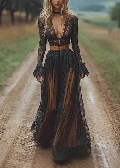 Slim Fit Black V Neck Hollow Out Lace Long Dress Spring