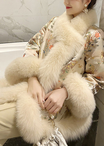 Chinese Style Beige Fox Collar Print Nail Bead Leather and Fur Coats Winter