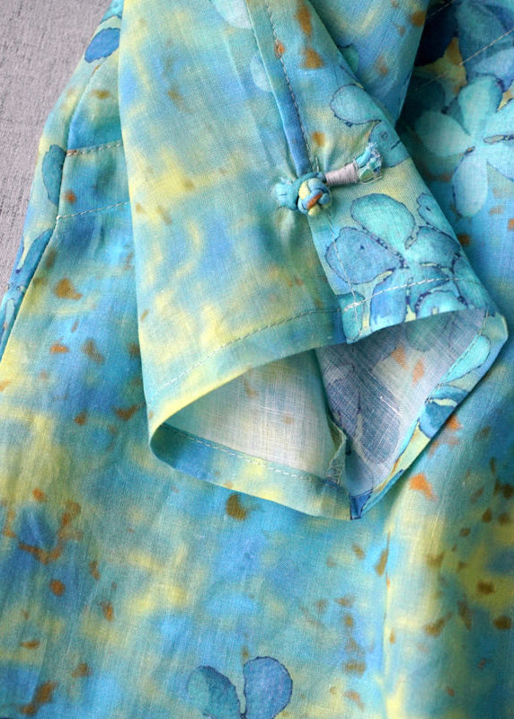 Chinese Style Green Print Linen Top Three Quarter Sleeve