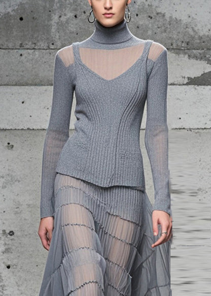 Grey High Neck Patchwork Exra Large Hem Knit Long Dress Fall