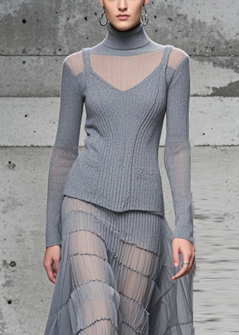 Grey High Neck Patchwork Exra Large Hem Knit Long Dress Fall
