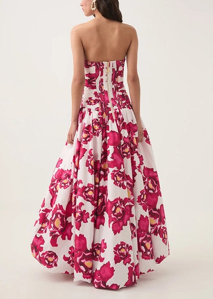 Rose Print Front Open Cotton Long Dresses Sleeveless Summer