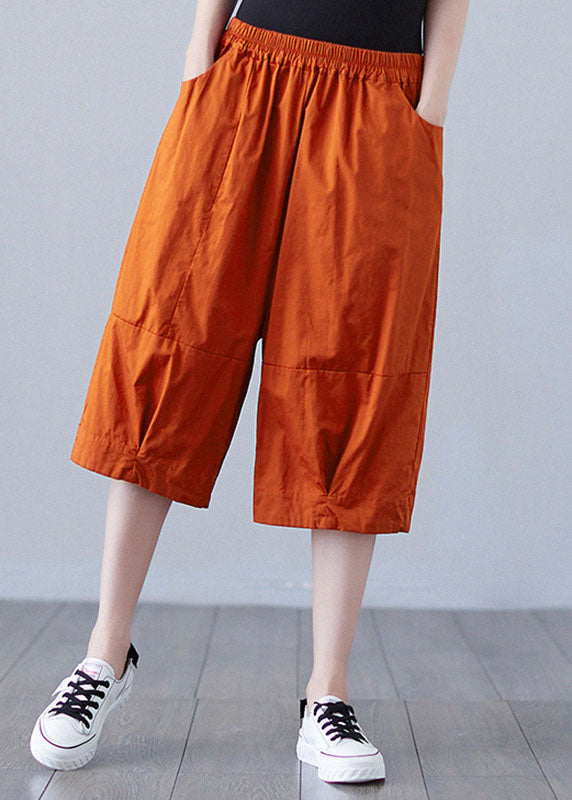 Orange Elastic Waist Patchwork Pockets Color Cotton Shorts Summer