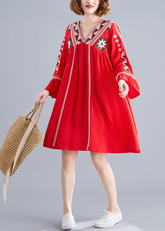 Red Loose Beach Dresses Wrinkled Flare Sleeve