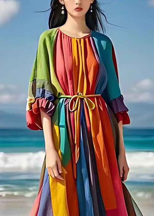 Rainbow Tie Waist Wrinkled Cotton Maxi Dresses Half Sleeve