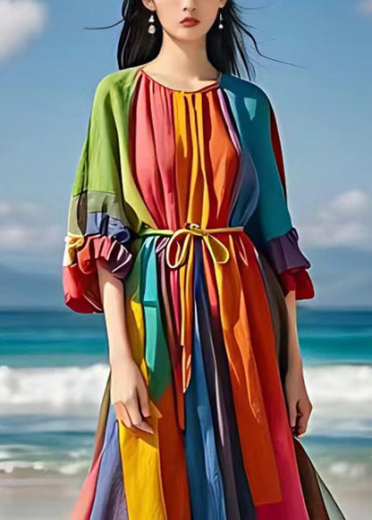 Rainbow Tie Waist Wrinkled Cotton Maxi Dresses Half Sleeve