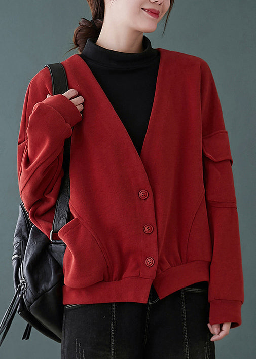 Red V Neck Button Pockets Patchwork Cotton Coats Fall