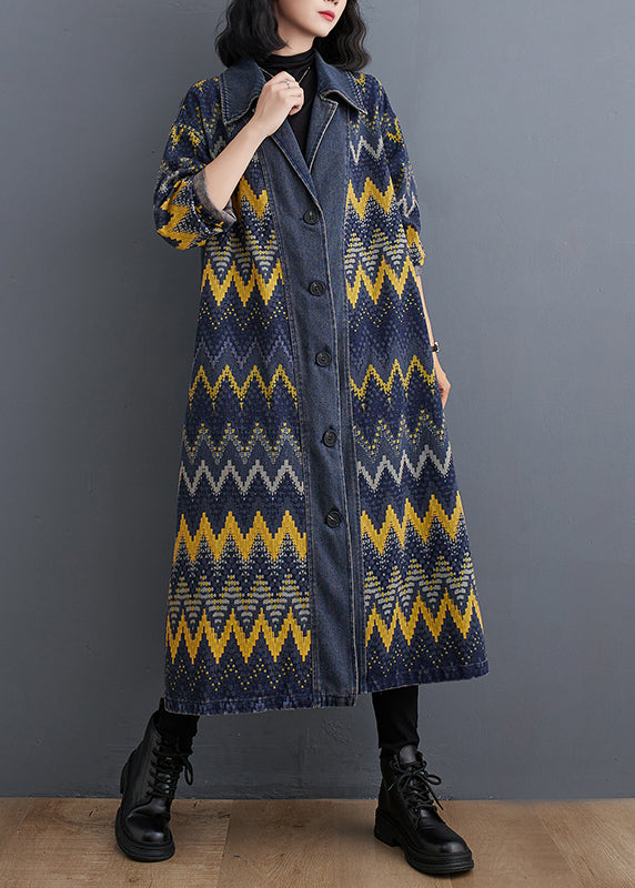 Blue Peter Pan Collar Print Button Denim Long Trench Coat Fall