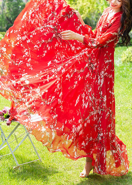 Fine Red Print Slim Chiffon Vacation Long Dresses Long Sleeve Fall