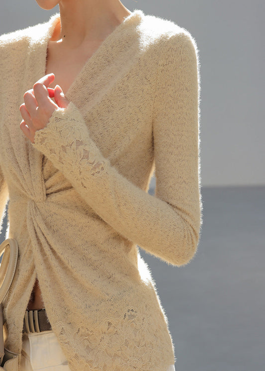 Apricot V Neck Wrinkled Knit Top Spring