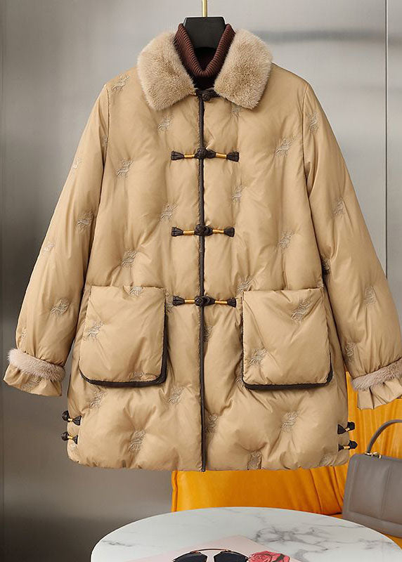 Khaki Peter Pan Collar Chinese Button Embroideried Cotton Filled Coats Winter