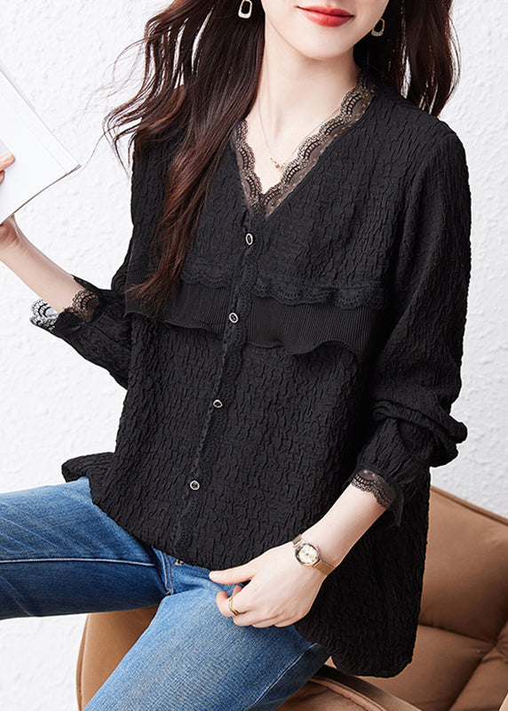 Black V Neck Ruffled Lace Patchwork Top Fall