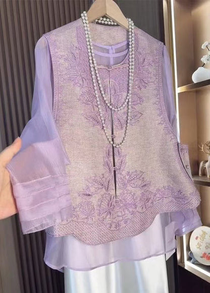 Chinese Style Purple Embroidered Waistcoat and Tops Two-piece Set Fall