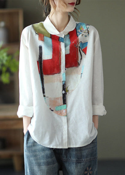 White Peter Pan Collar Print Button Linen Shirt Long Sleeve