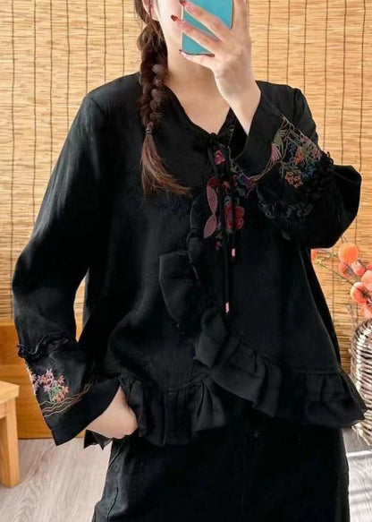 Loose Black V Neck Ruffled Embroideried Button Shirt Long Sleeve