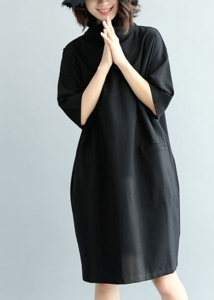 Black Cotton Dress High Neck Half Sleeve