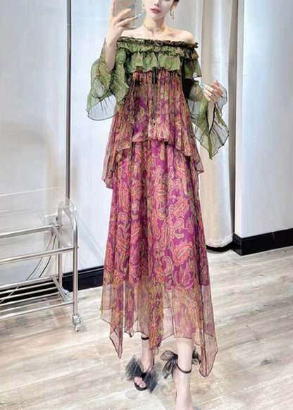 Purple Print Chiffon Top and Maxi Skirts Two Pieces Set Fall