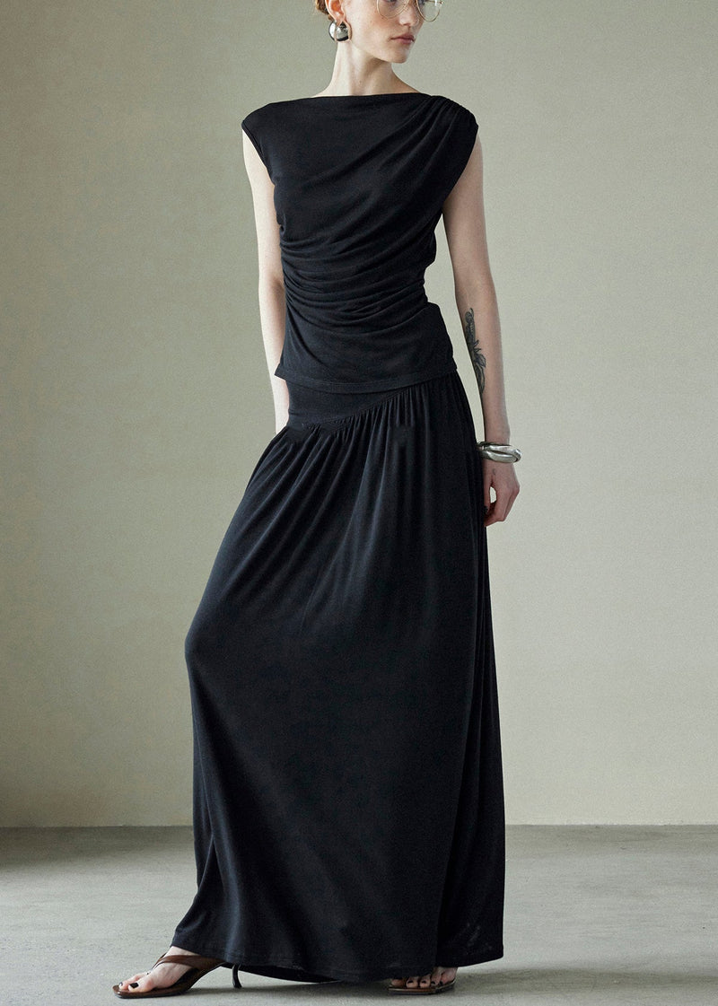 New Black Wrinkled Silk Cotton Two Piece Set Sleeveless