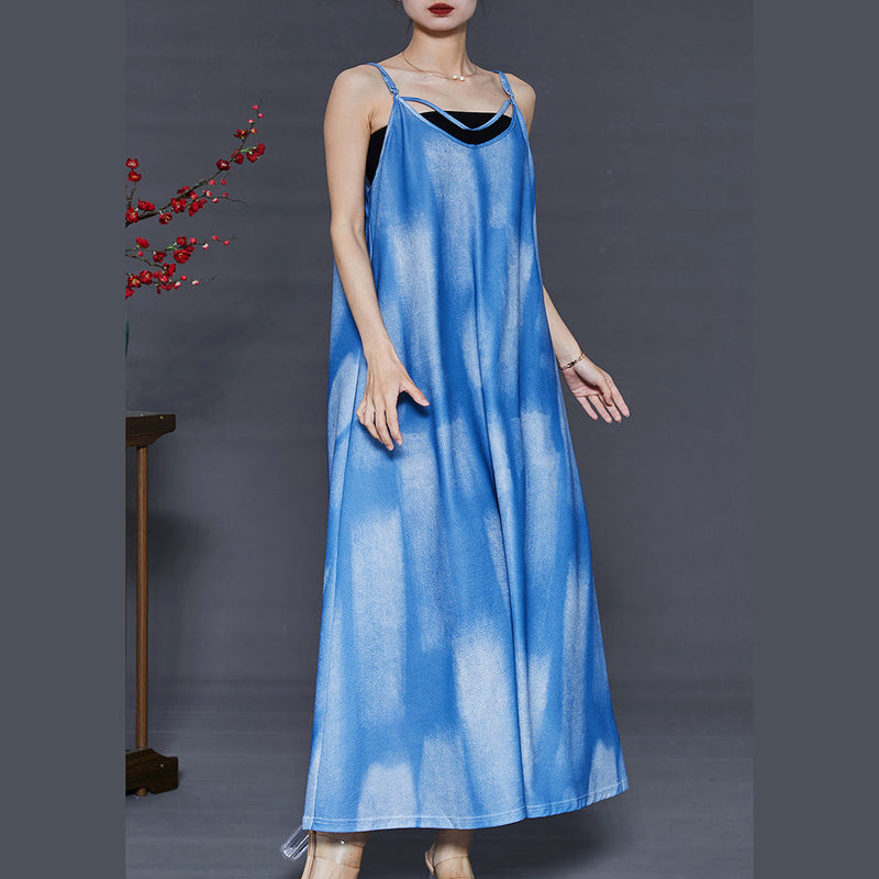 French Blue Tie Dye Cotton Spaghetti Strap Dress Summer