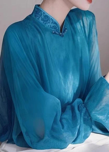 Blue Stand Collar Chiffon Shirts Spring