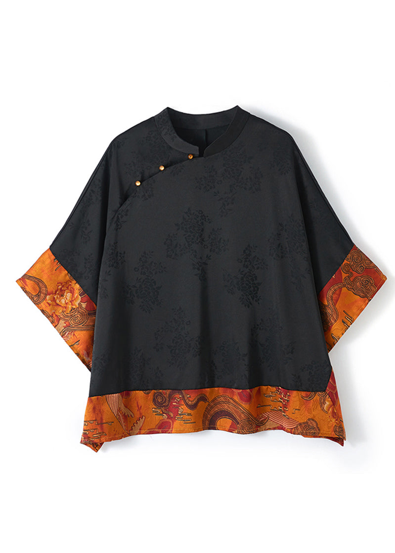 Black Mandarin Collar Asymmetrical Patchwork Jacquard Silk Shirts Batwing Sleeve